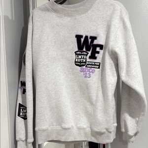 White Fox Boutique Gray Sweater with Black and Purple Accents
